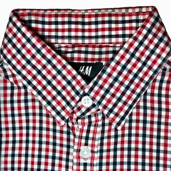 H&M Slim Fit Long Sleeve Button Down Shirt in Red/White/Blue Check Men’s Small - Picture 2 of 6